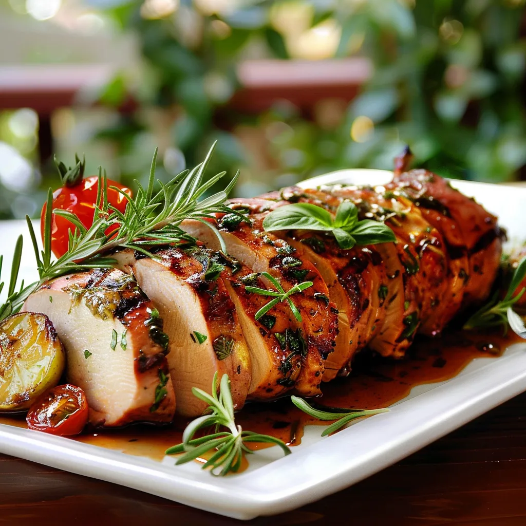 Une viande grillée sur un plateau avec des herbes et des légumes.