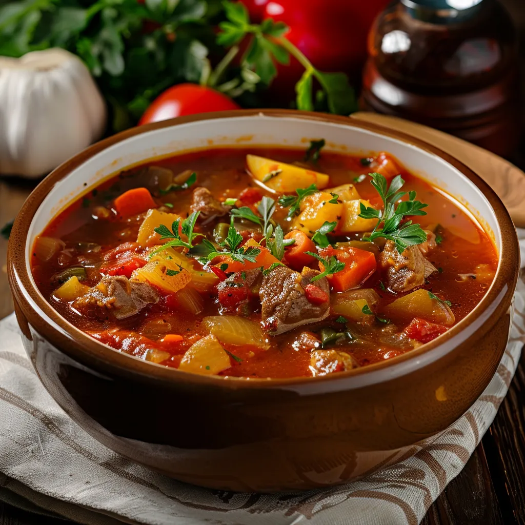 Un bol de soupe contenant des légumes et des viandes.