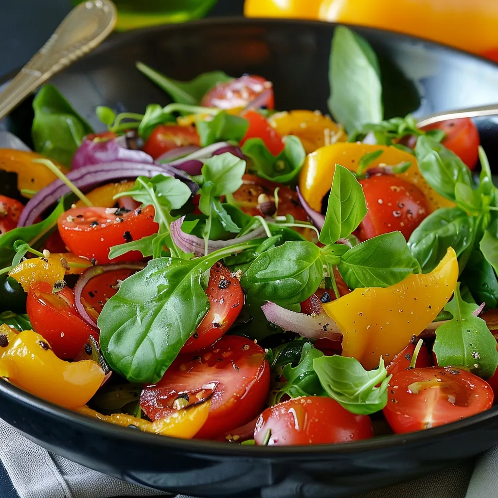 Une salade de tomates et de pâtes vertes dans un bol noir.