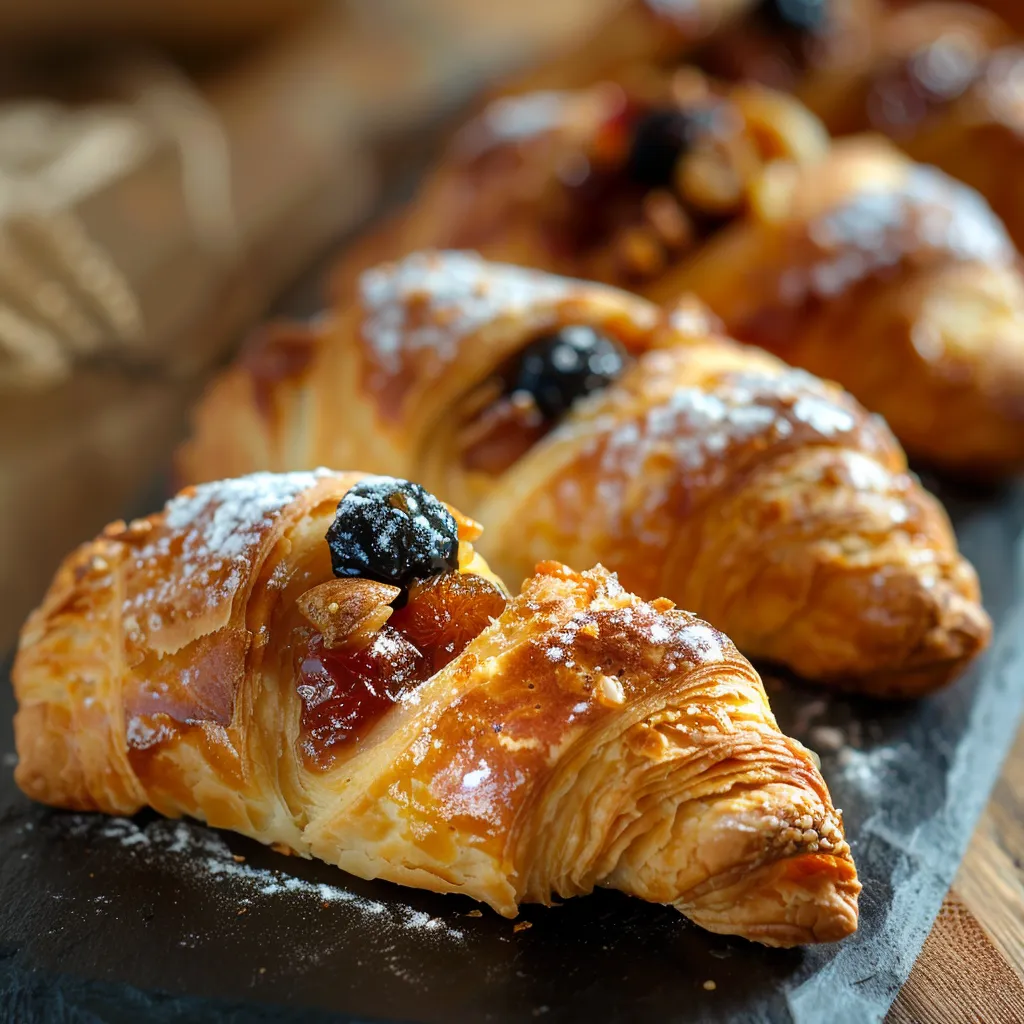 Une table avec des croissants sur une plaque de marbre.