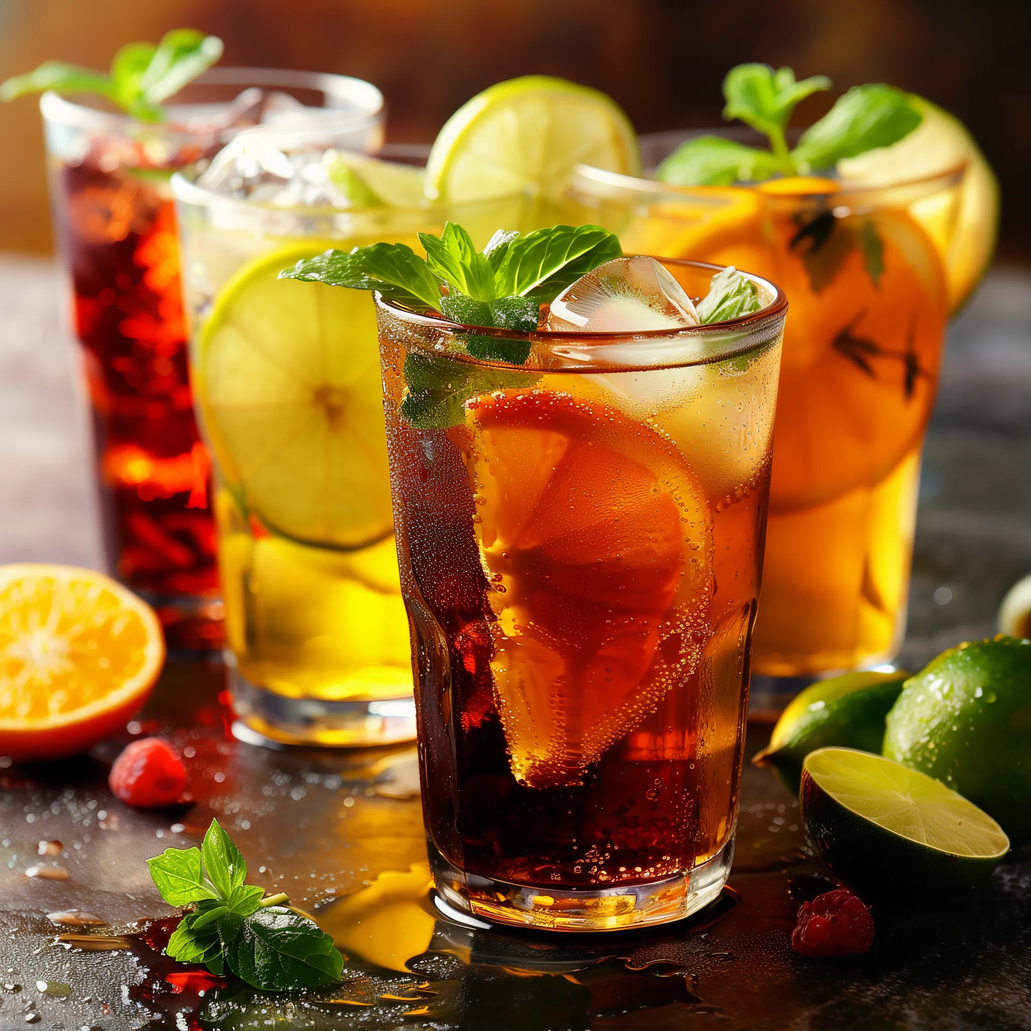 Des verres de boisson avec des garnitures de menthe et de citron.